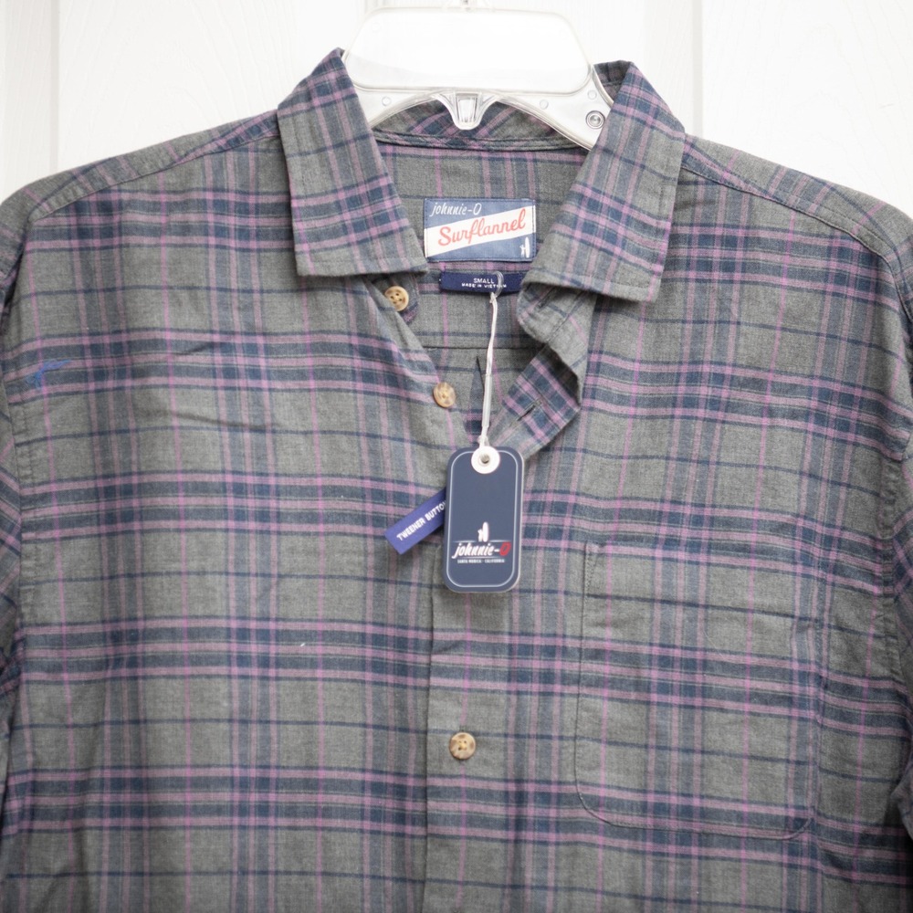 Johnnie-O Surflannel Mens S Grey Purple Plaid Long Sleeve Button Down Athleisure